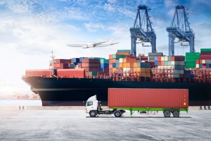 Container cargo freight ship during discharging at industrial port move to container yard by trucks, handlers, cargo plane, copy space, logistic import export background and transport industry concept Unlock the World of Seamless Global Delivery